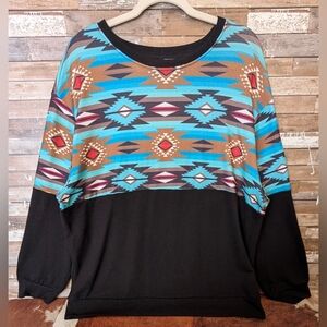 New Ranlege Boho Southwestern Turquoise Aztec On Black Sweatshirt